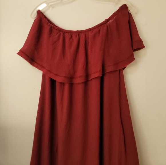 Wishlist Deep Red Boho Off The Shoulder Frayed Hem Swing Mini Dress S/M. - Picture 5 of 15